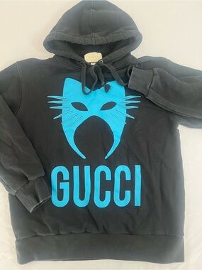 Gucci Black Hoodie with Turquoise Cat Graphic